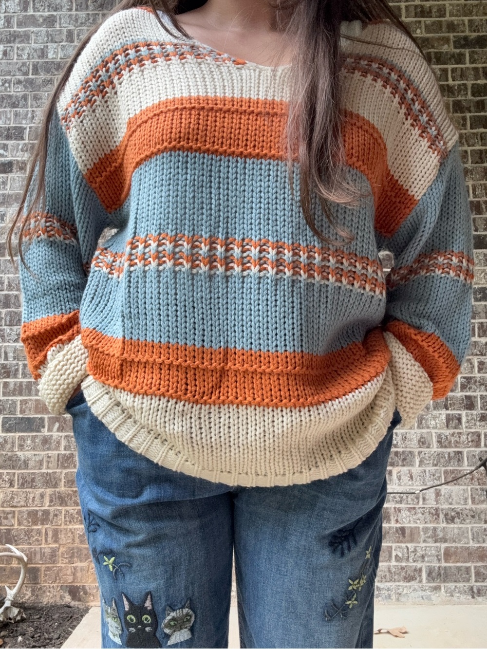 Cozy Autumn Colorblock Striped Knit Sweater Cream Slate Blue & Rust Orange
